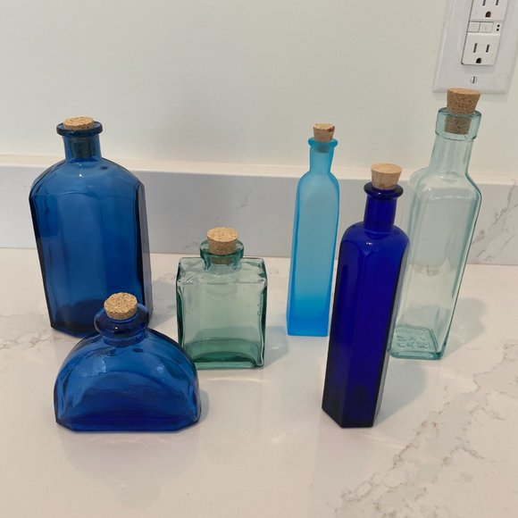 Apothecary Bottles, Set Of Six, Various Sizes, Blue And Green, With Corks - Picture 1 of 16